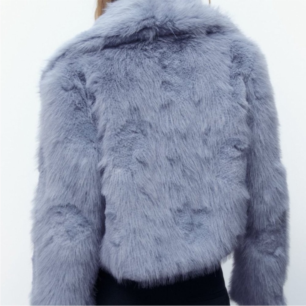 Zara Faux Fur Collared Crop Jacket in Light Blue XS-S - Picture 4 of 12